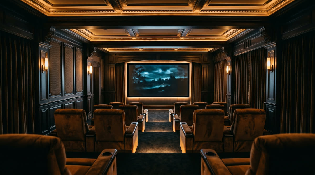 Private home cinema in a Short Hills NJ estate with Dolby Atmos seating and tiered lighting