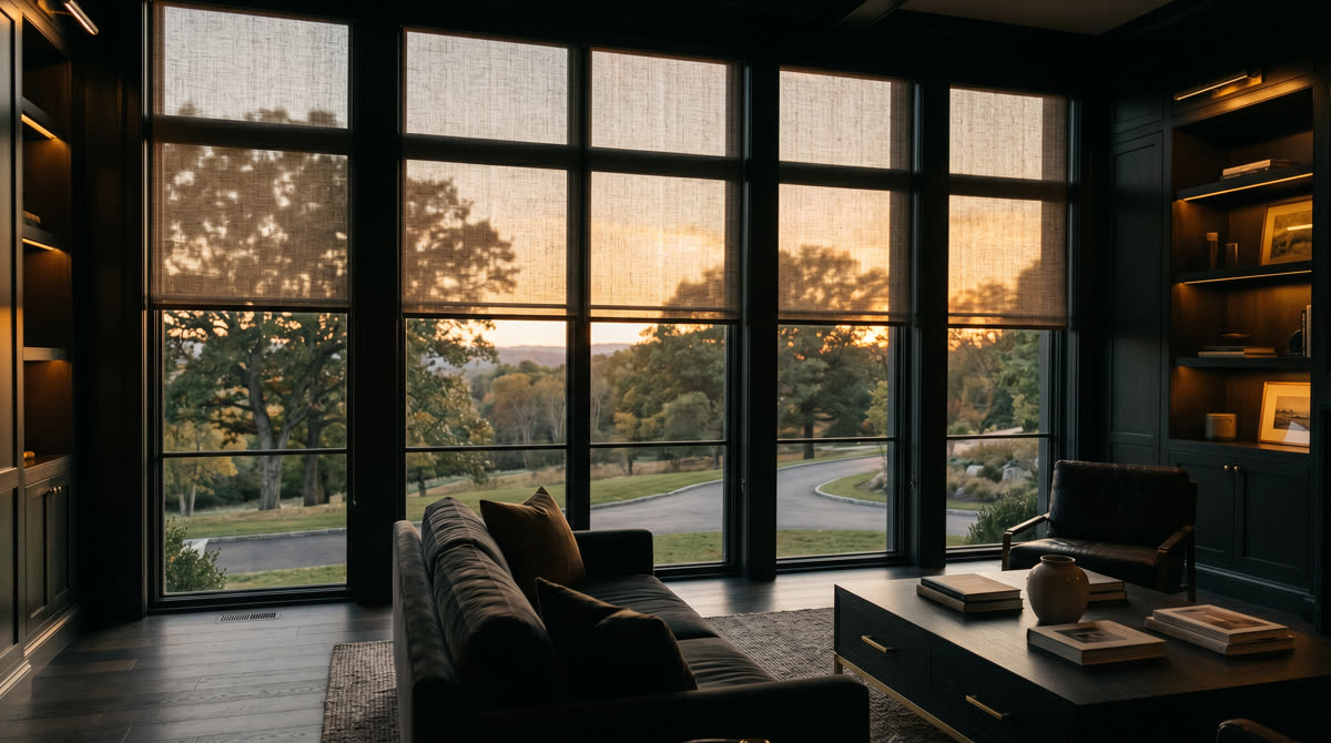 Lutron motorized shading in a Westchester NY estate with floor-to-ceiling windows
