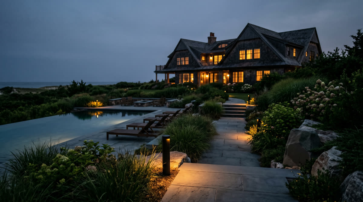 Outdoor audio at a Hamptons Long Island estate with landscape speakers and pool deck