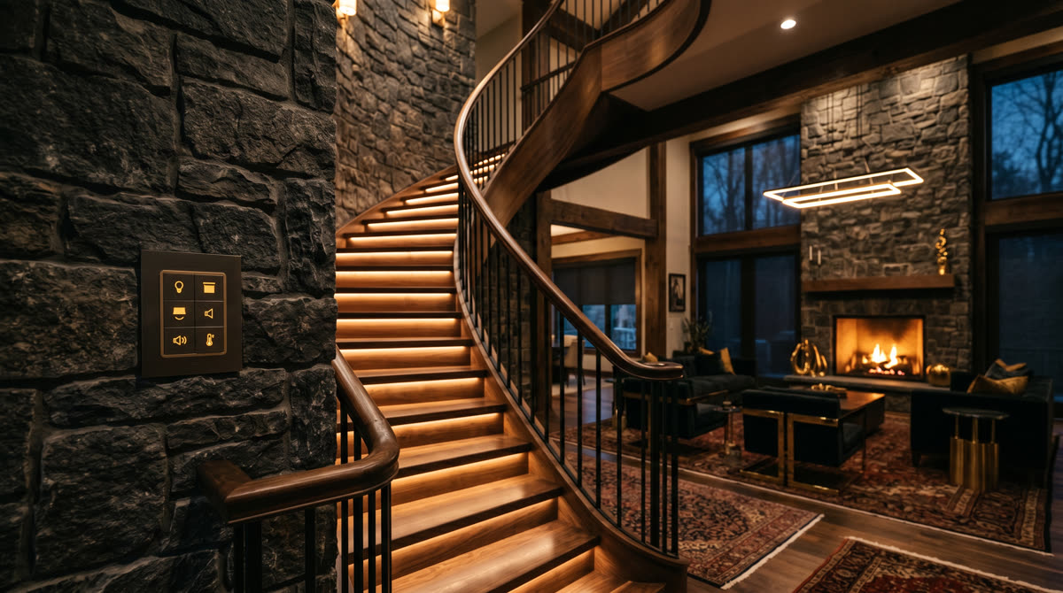 Whole-home Crestron automation in an Alpine NJ estate with integrated lighting and AV