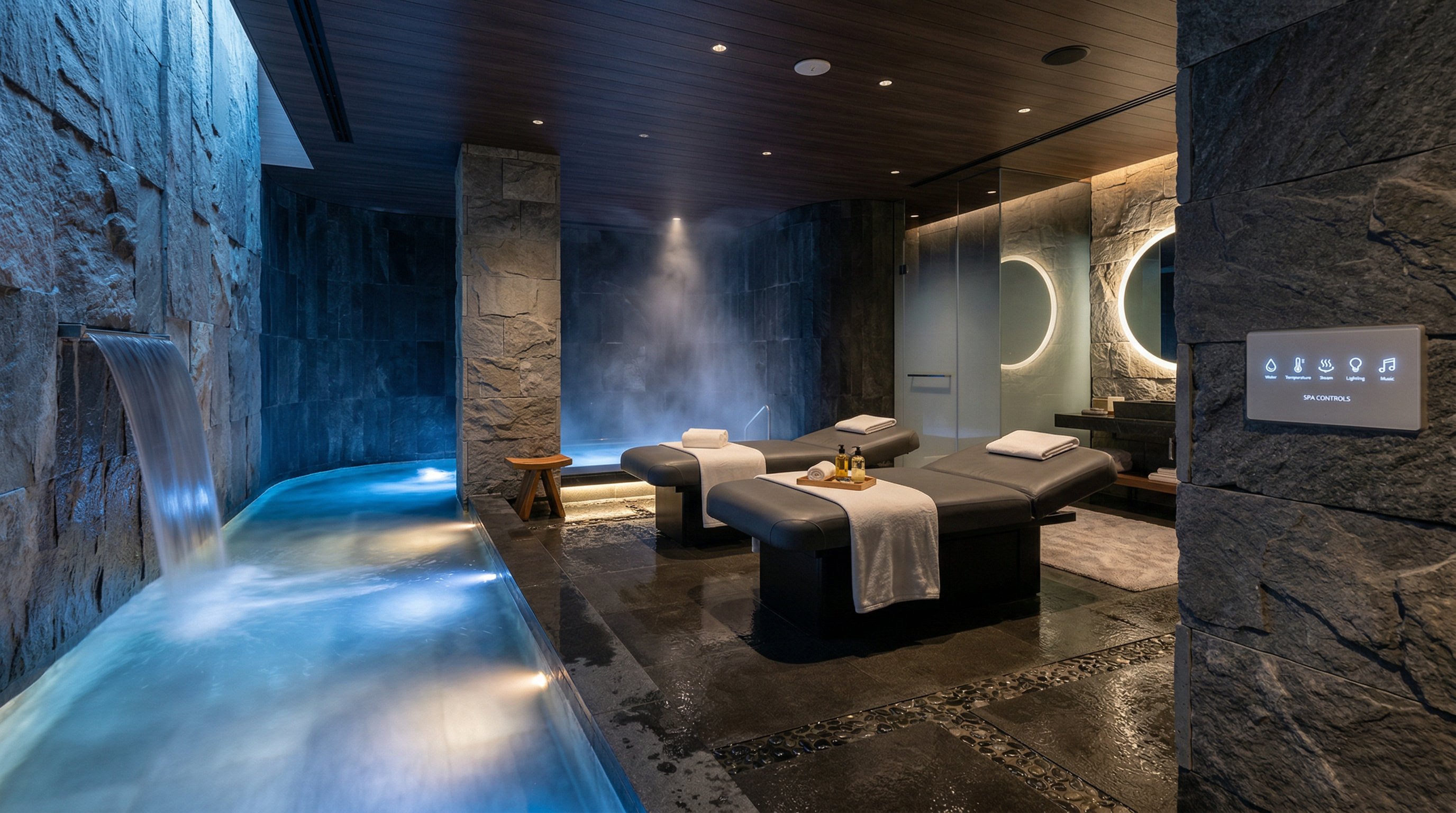 Luxury hotel spa with immersive water features and touchless controls