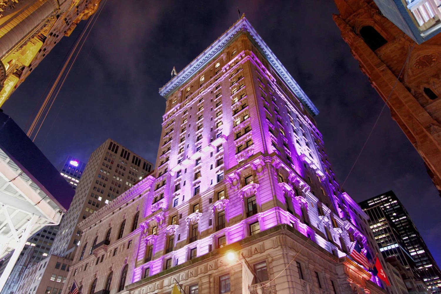 The Peninsula Hotel New York with architectural exterior lighting designed by Synapse Audio Visual Designs