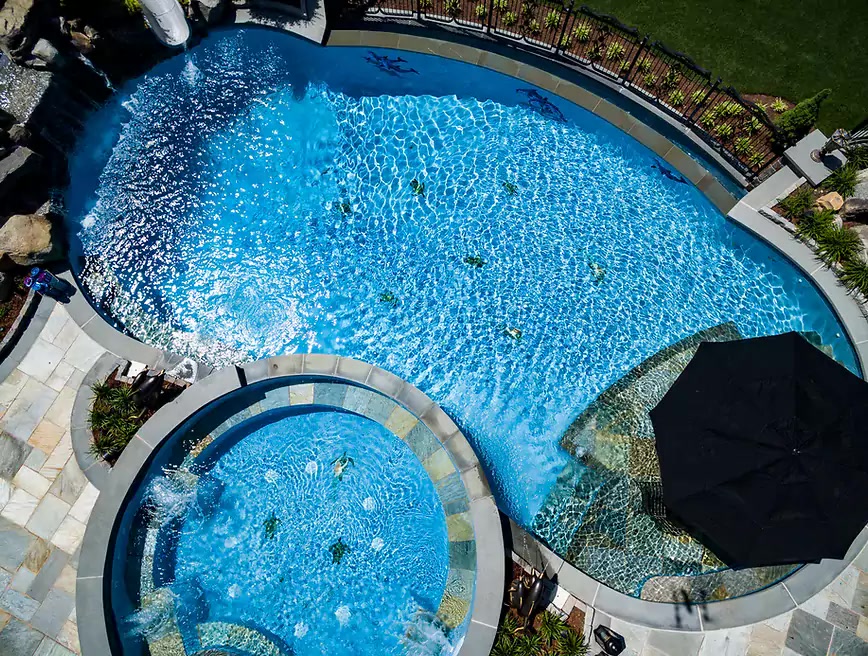 Aerial view of a luxury residential pool by Terracare Landscaping in Bergen County, NJ