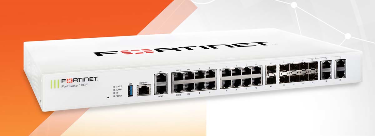 Fortinet FortiGate 100F next-generation firewall — part of the WhyReboot high-security platform