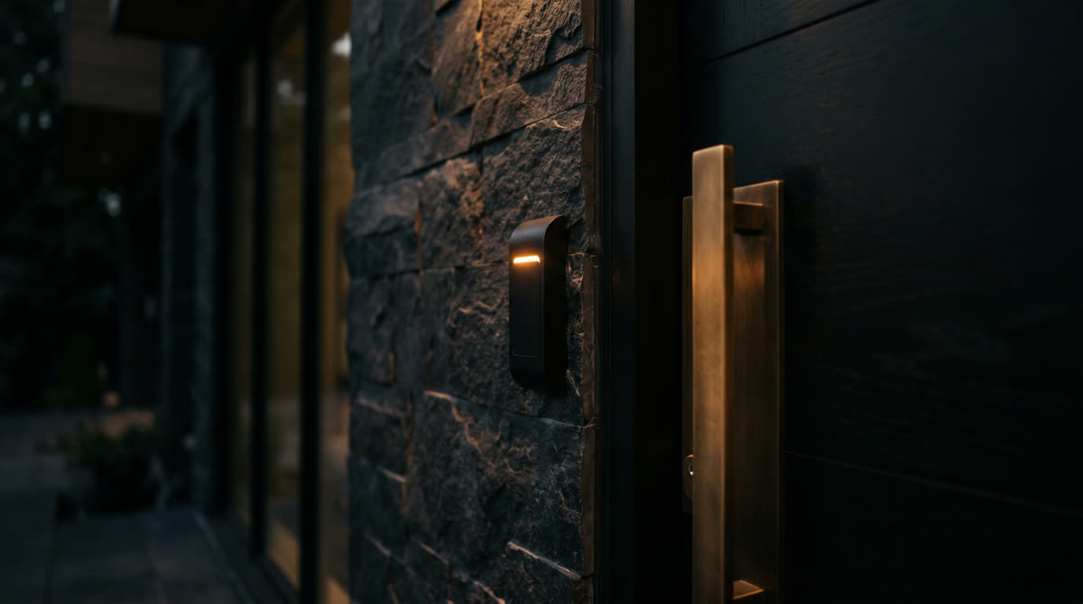 Sleek touchless access reader beside a black pivot door with brass hardware