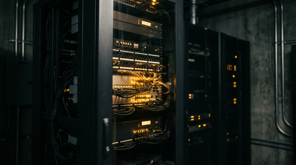 BMS network rack with patch panels and amber indicators in a commercial equipment room