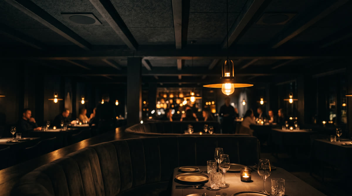 Discreet ceiling speakers and warm zone audio in an upscale restaurant interior
