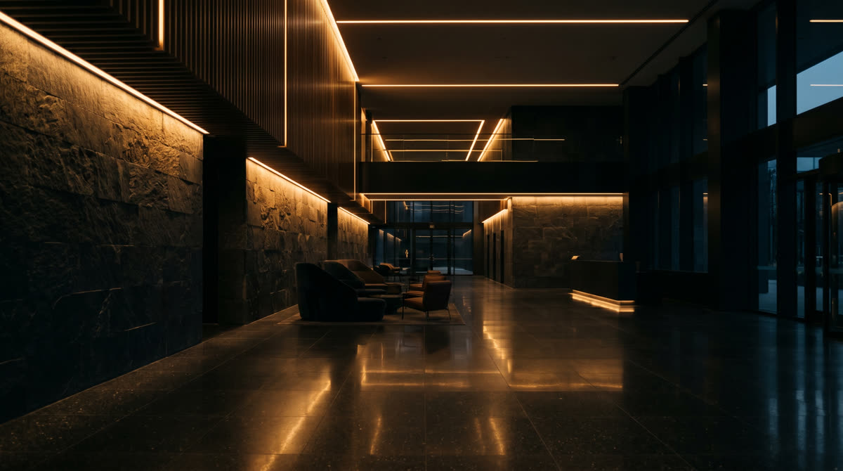 Architectural linear lighting in an upscale corporate lobby with dark stone walls