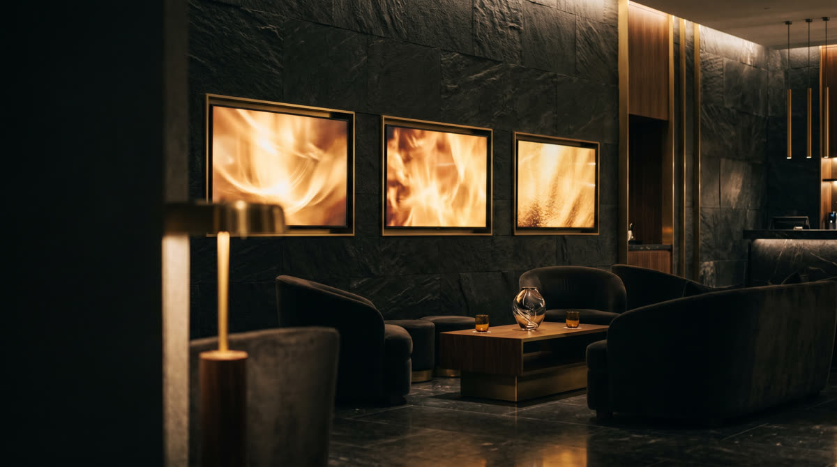 Flat-panel displays mounted on dark stone wall in a modern hotel lobby