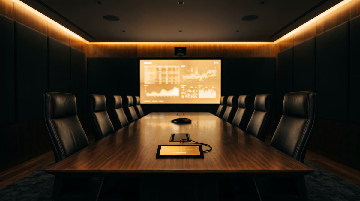 Executive boardroom with large display, leather chairs, and table touchscreen control