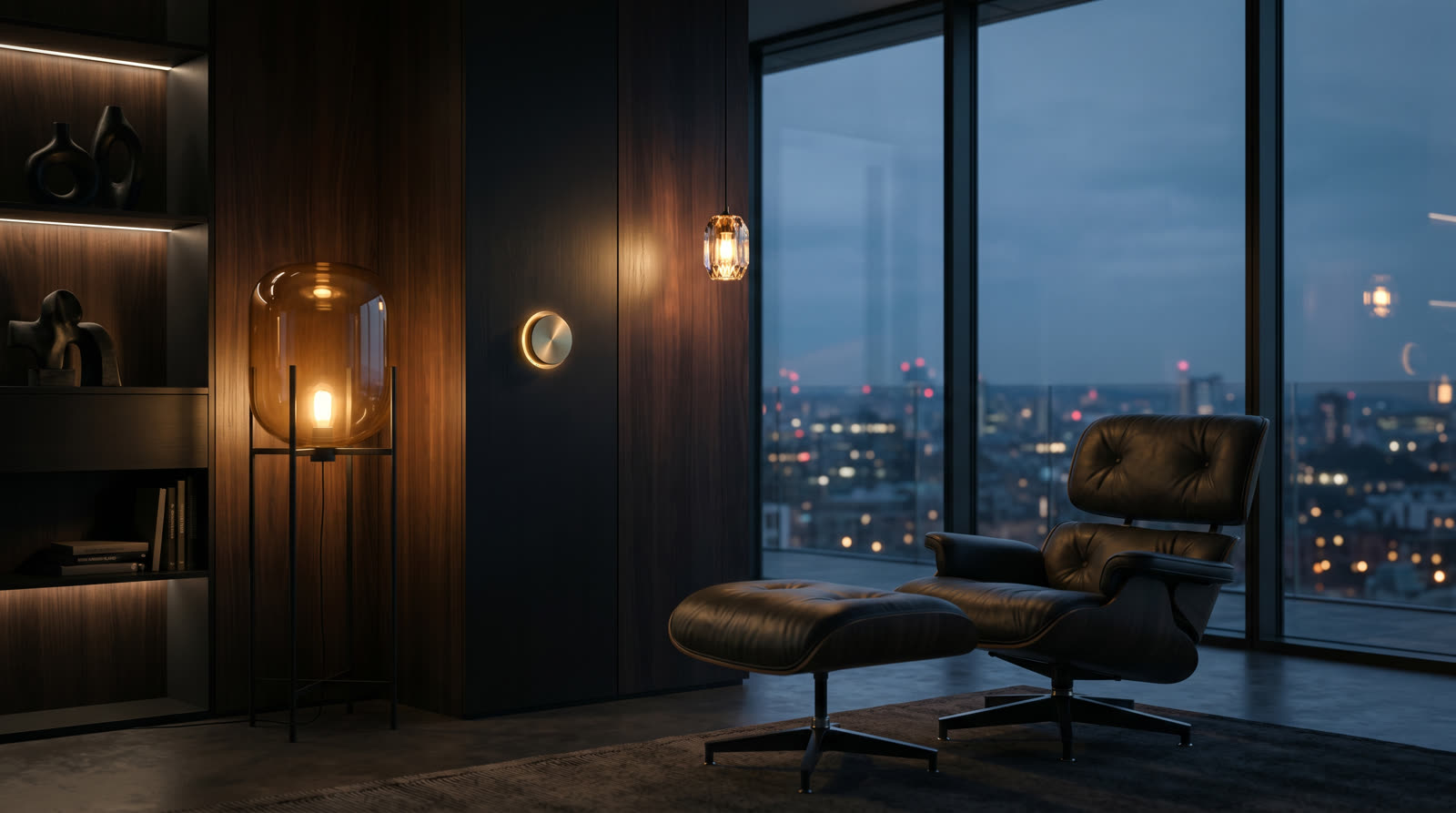 Cinematic dark editorial view of a luxury modern home at twilight with warm amber light glowing through floor-to-ceiling windows, sleek architectural lines against a moody dark sky, conveying high-end smart home presence