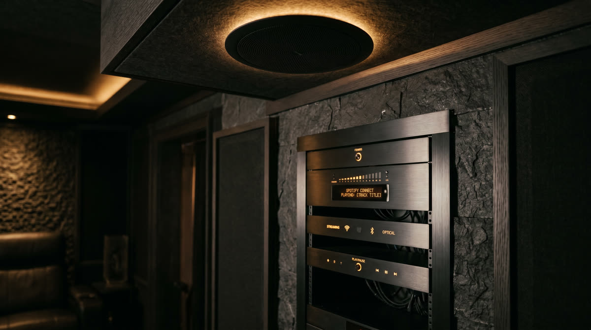 In-ceiling architectural speakers and amplifier rack in a luxury home
