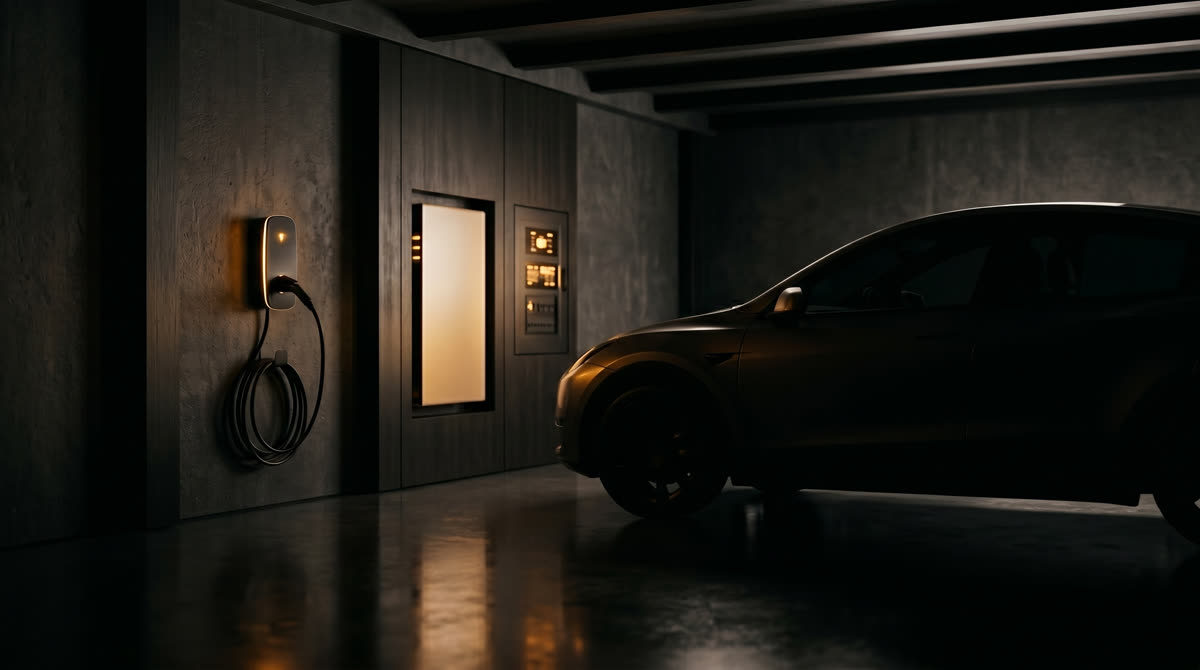 Cinematic dark editorial view of a luxury home garage at night with a wall-mounted EV charger casting amber light, polished concrete floor, sleek vehicle silhouette, glowing battery wall and smart electrical panel visible on adjacent wall