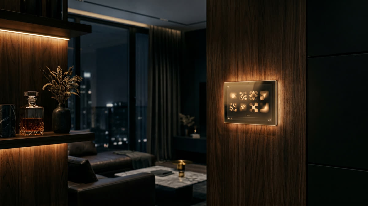 Wall-mounted smart home control panel in a luxury dark walnut interior