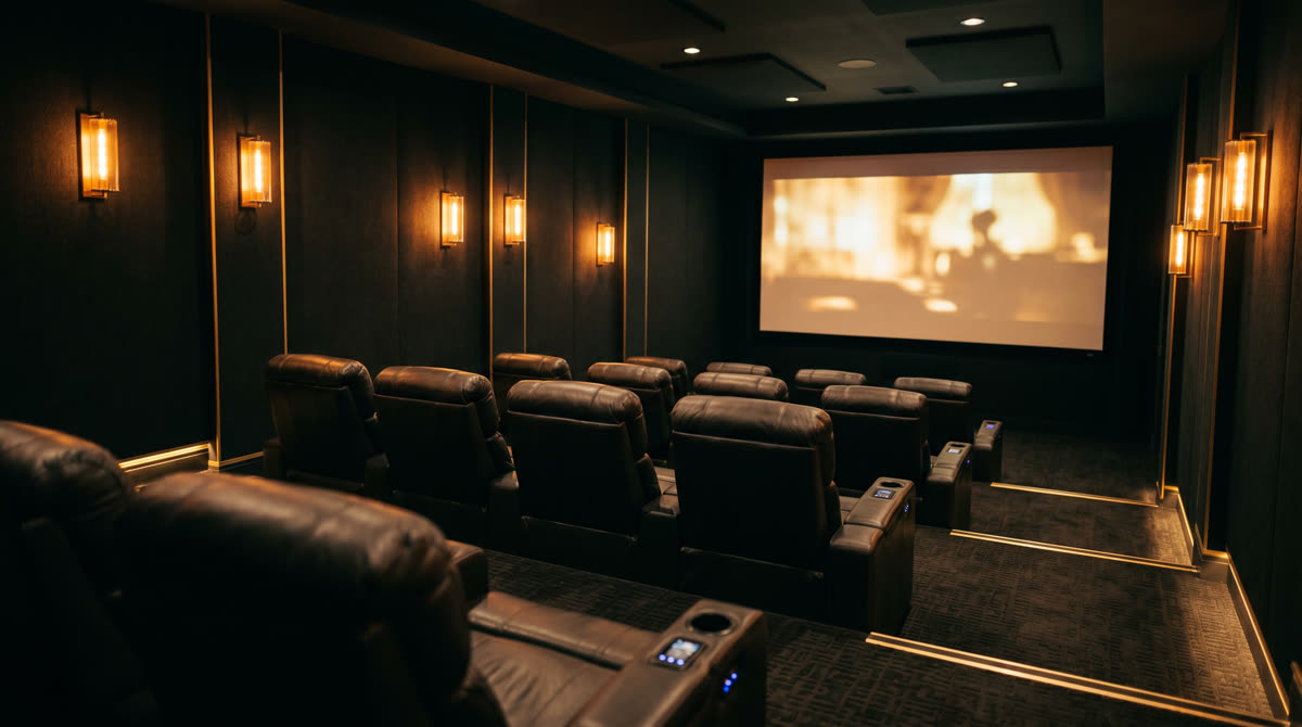 Private luxury home theater with leather recliners and warm sconces