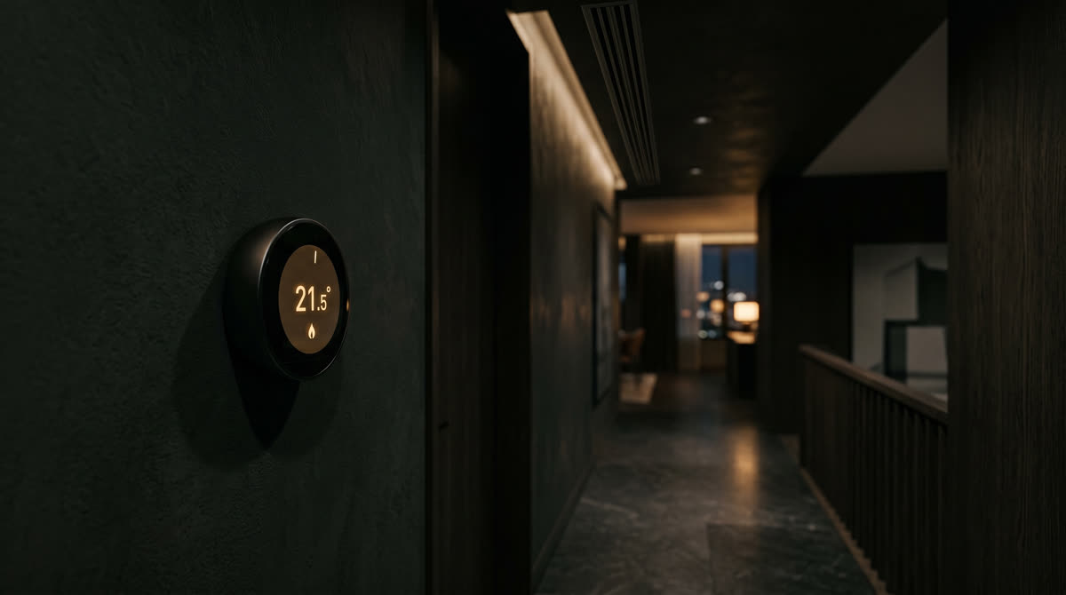 Smart thermostat and integrated linear HVAC diffuser in a luxury hallway