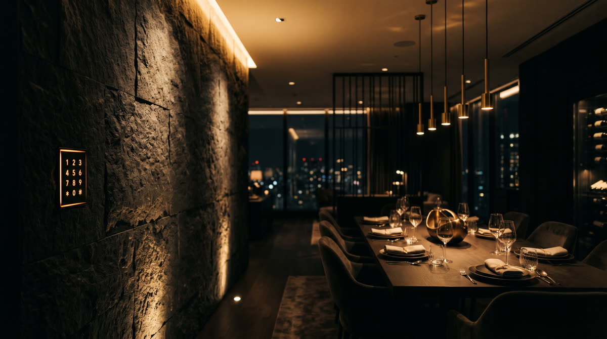 Architectural lighting and warm wall washers in a luxury dining room
