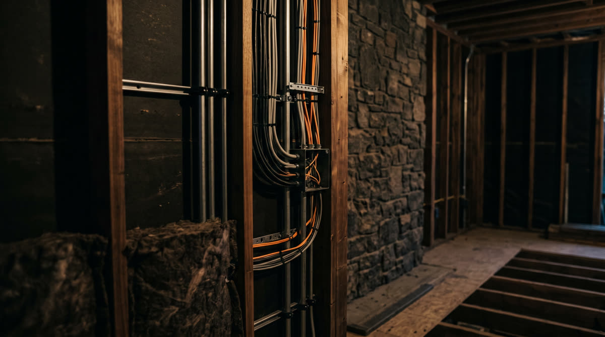 Conduit and cable infrastructure rough-in inside a luxury residential framing site at dusk, neat vertical conduit runs along walnut and stone interior walls