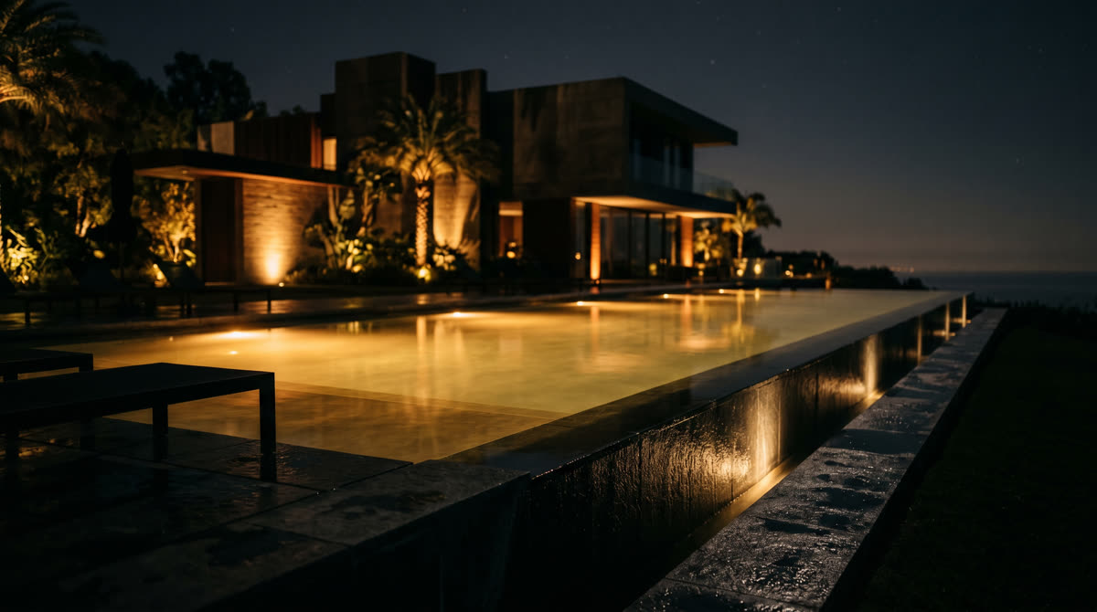 Luxury infinity pool at night with warm amber underwater and landscape lighting