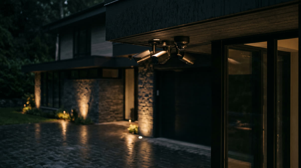 Bullet and dome security cameras under the eaves of a luxury modern estate at night