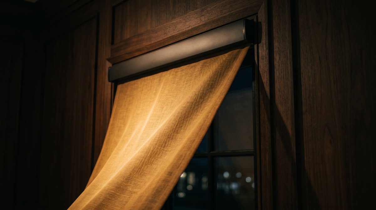 Detail of a luxury motorized roller shade cassette with sheer fabric mid-deploy, warm amber light filtering through, walnut wall behind