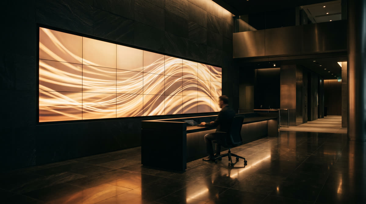 Multi-panel flat-panel video wall stretching across a dark stone commercial lobby wall