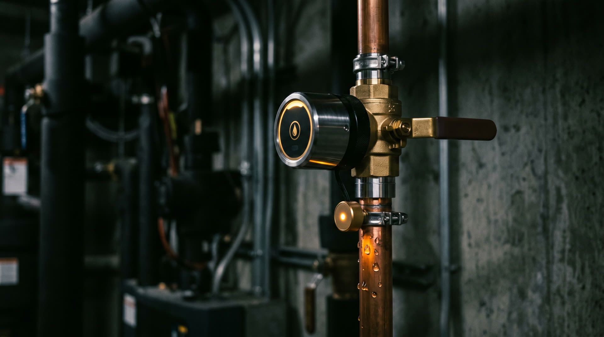 Cinematic dark editorial view of a polished brass and chrome smart water shutoff valve and leak sensor mounted to a copper main water line in a luxury home mechanical room, glowing amber LED status indicator catching warm light