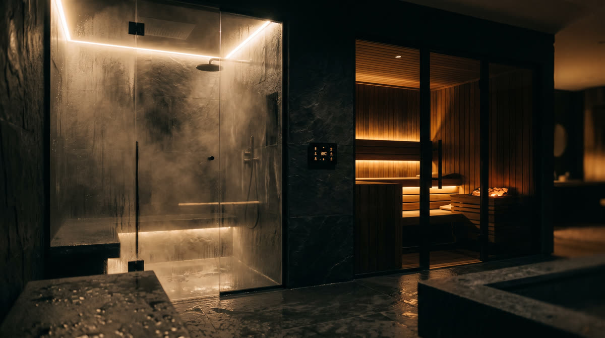 Luxury home wellness suite with steam shower and adjacent sauna with circadian lighting