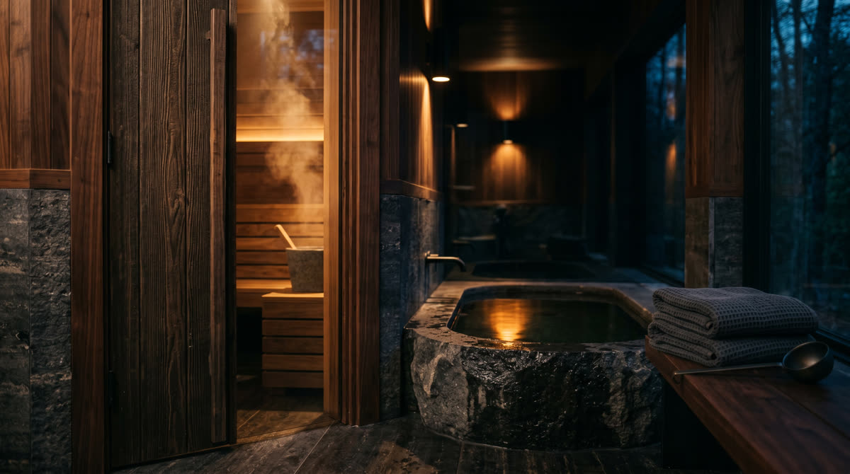Serene primary suite at dawn with wall-mounted oxygen concentrator glowing warm amber, frosted glass cold plunge alcove and infrared sauna door visible in background, low warm cove lighting on a luxury wellness sanctuary