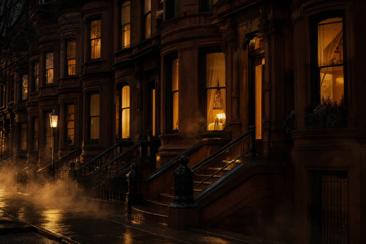 Row of historic brownstones at dusk - warm amber light glowing from parlor-floor windows, soft fog at the curb