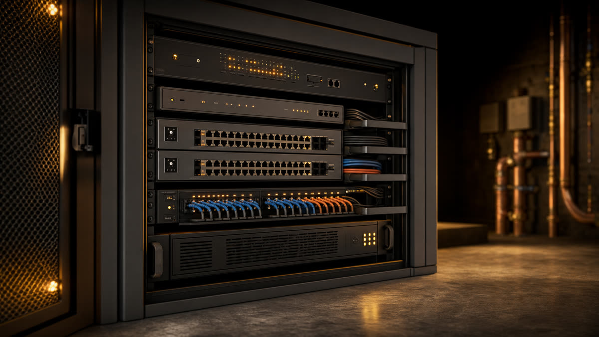 AV equipment rack with organized low-voltage infrastructure and cooling