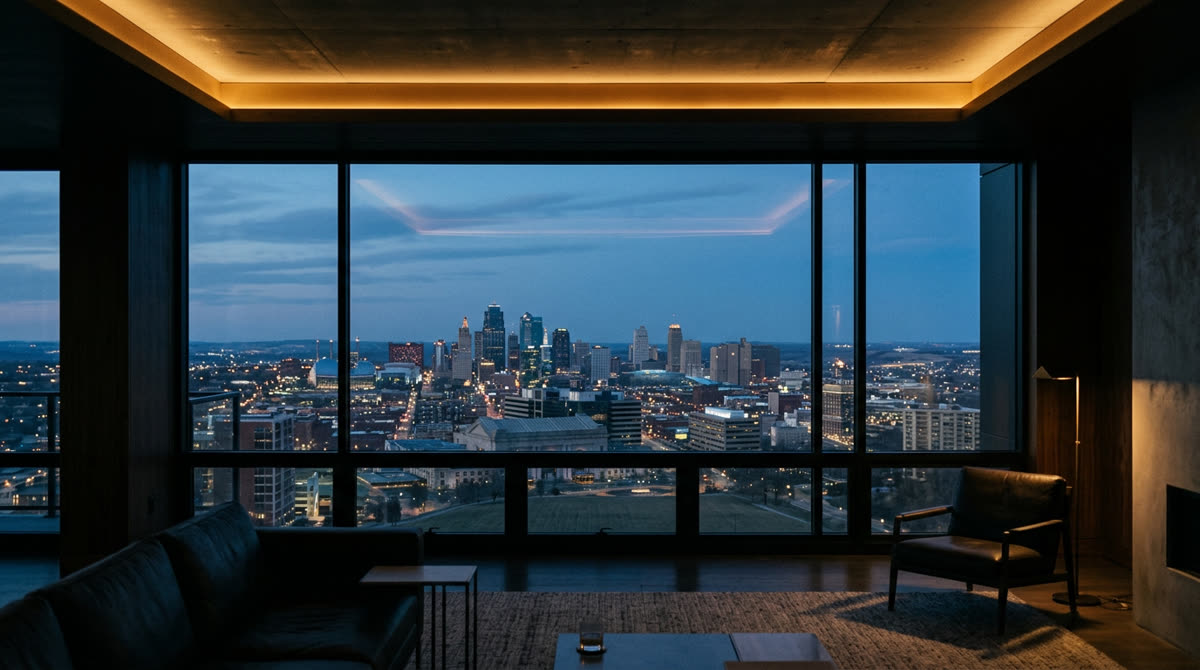 Kansas City Metro skyline at dusk seen from a luxury great room representing the Restrepo Innovations and Simplicity KC Plains partnership
