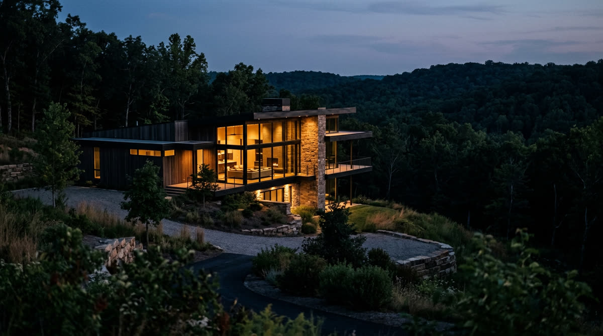 Luxury home at twilight representing Restrepo Innovations smart home work in Bentonville, AR