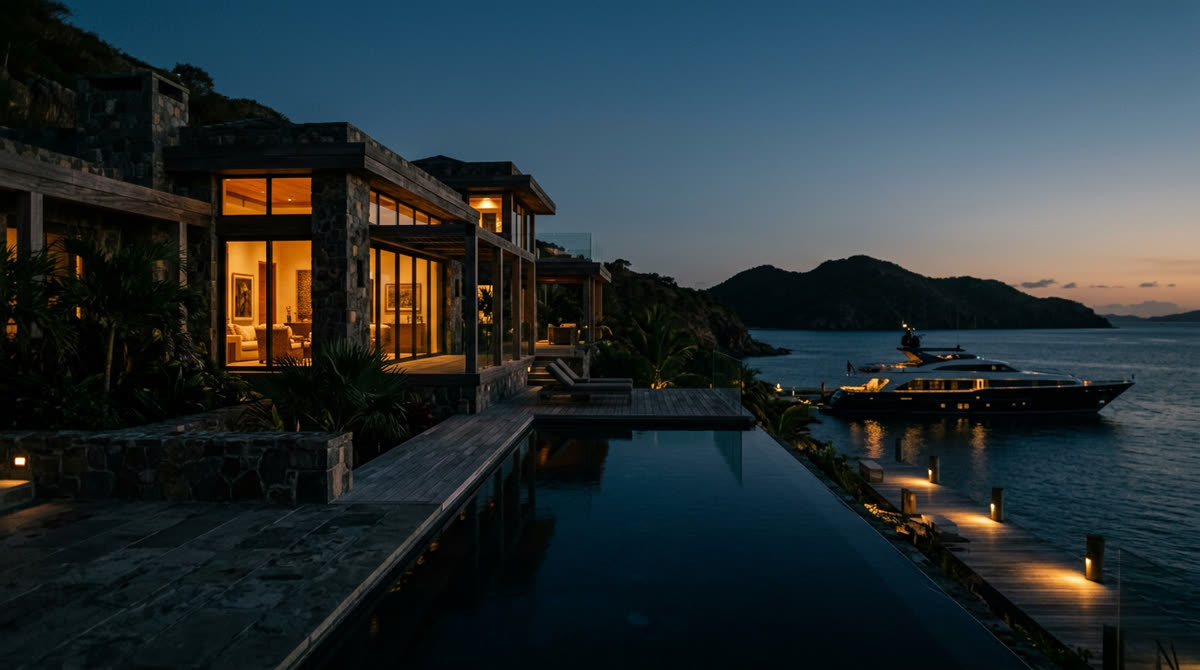 Luxury home at twilight representing Restrepo Innovations smart home work in British Virgin Islands
