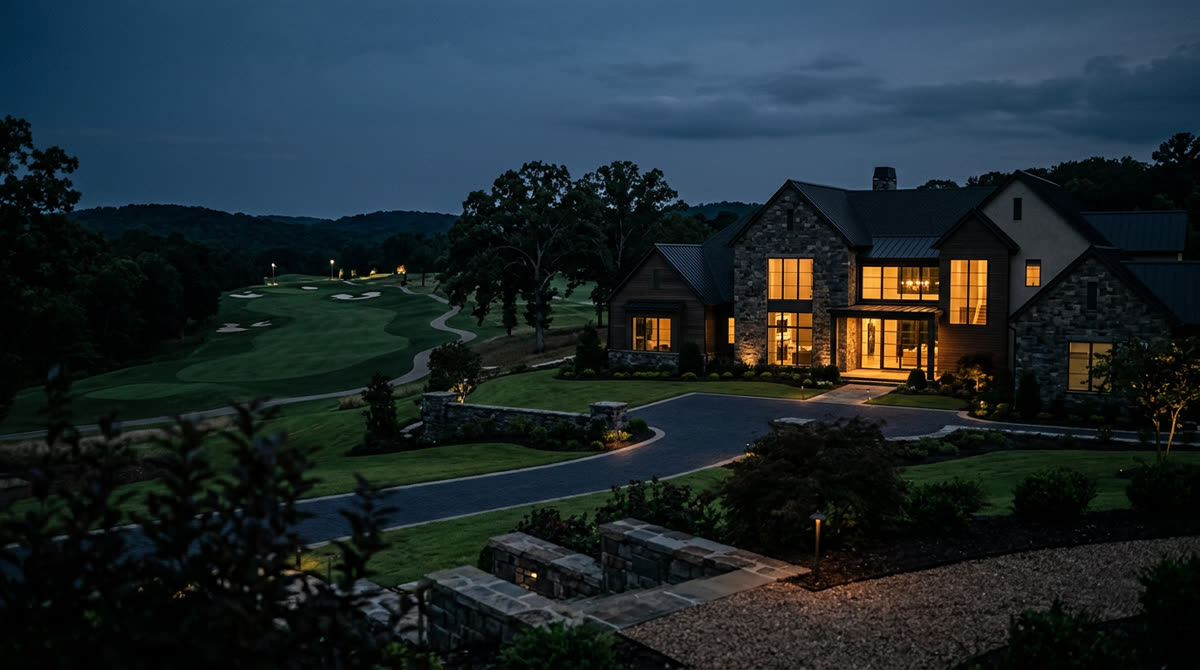 Luxury home at twilight representing Restrepo Innovations smart home work in Chenal Valley, AR