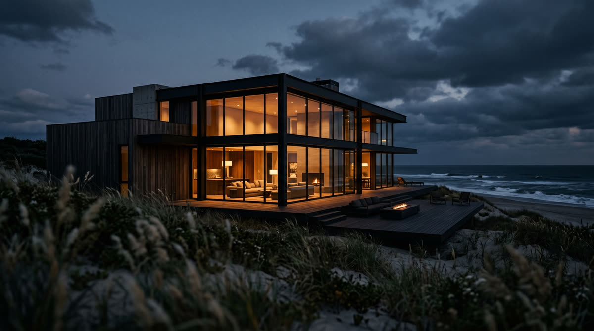 Modern oceanfront luxury home at dusk representing Restrepo Innovations smart home integration in The Hamptons, NY by Restrepo Innovations, Elite Pro Crestron Dealer serving NJ, NY, and CT