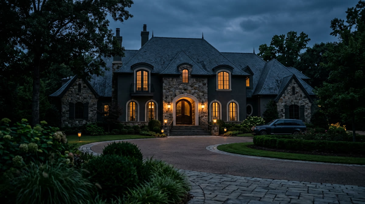 Luxury home at twilight representing Restrepo Innovations smart home work in Collierville, TN