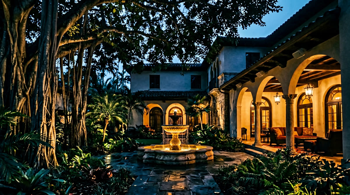 Luxury home at twilight representing Restrepo Innovations smart home work in Coral Gables