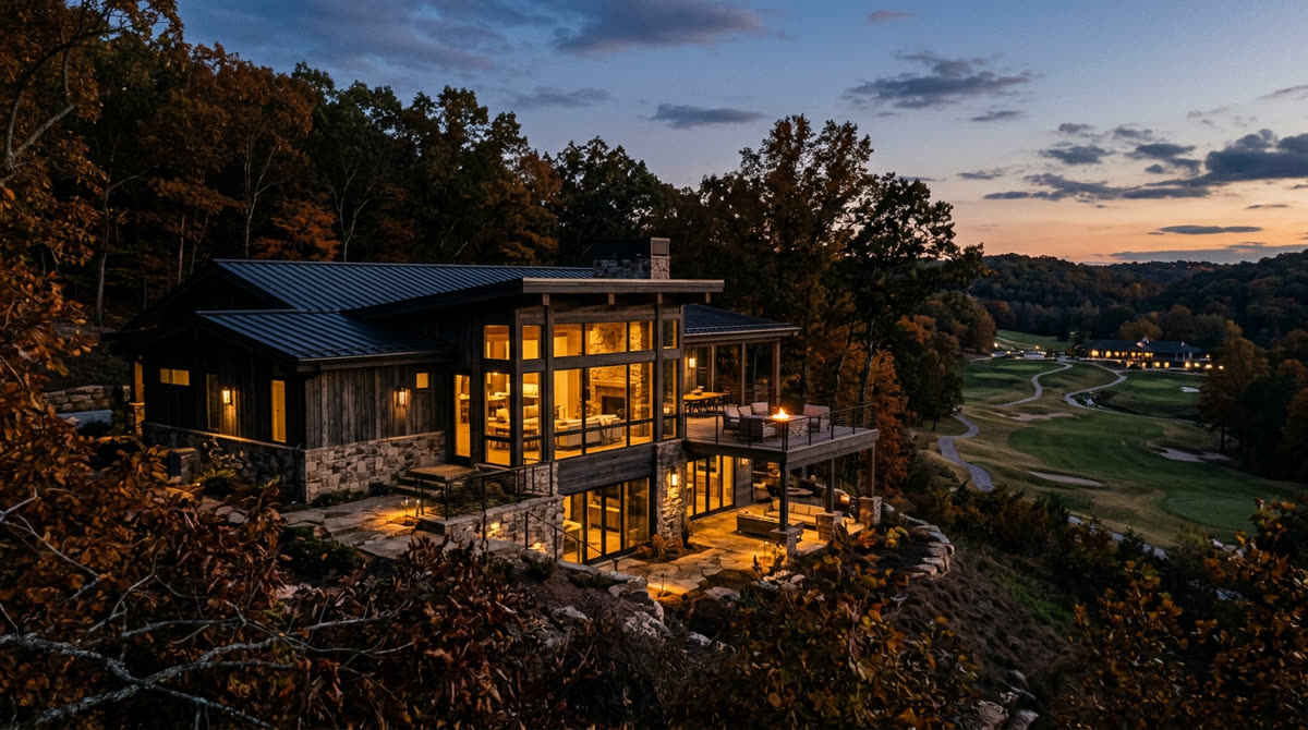 Luxury home at twilight representing Restrepo Innovations smart home work in Fayetteville, AR