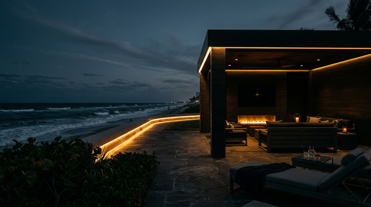 Luxury home at twilight representing Restrepo Innovations smart home work in Harbor Beach, Fort Lauderdale
