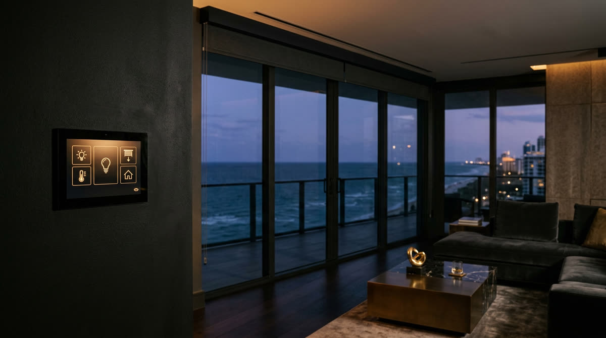 Luxury home at twilight representing Restrepo Innovations smart home work in Indian Creek and Bal Harbour