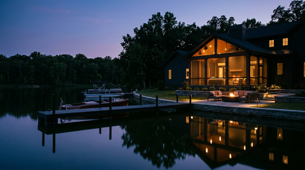 Luxury home at twilight representing Restrepo Innovations smart home work in Lake Quivira, KS