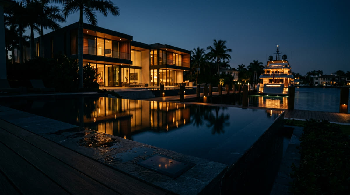 Luxury home at twilight representing Restrepo Innovations smart home work in Las Olas, Fort Lauderdale