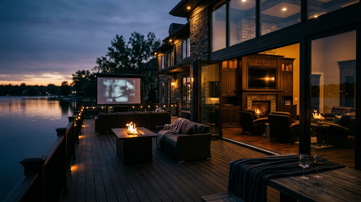 Luxury home at twilight representing Restrepo Innovations smart home work in Lee&rsquo;s Summit, MO