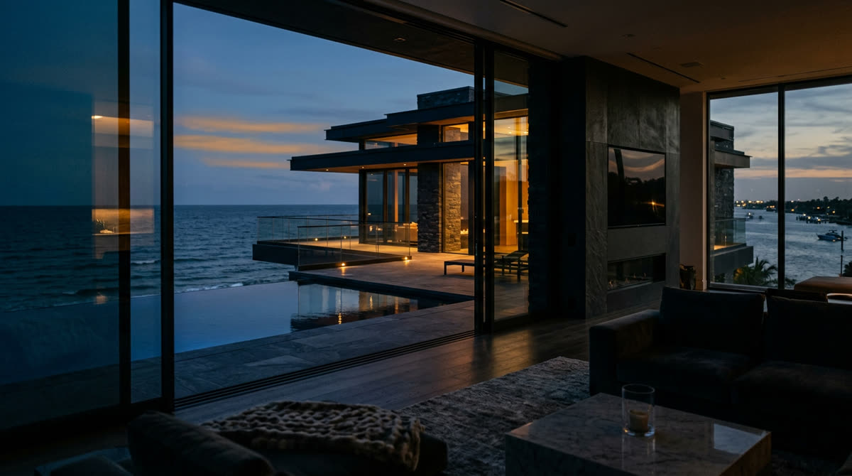 Luxury home at twilight representing Restrepo Innovations smart home work in Manalapan