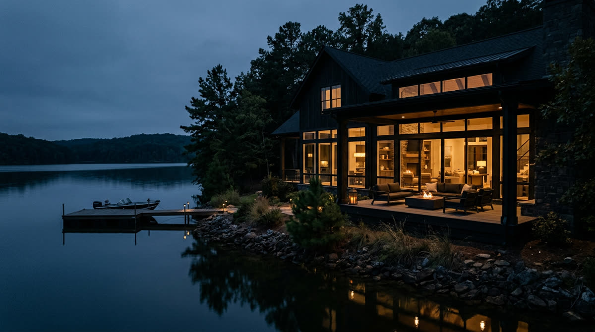 Luxury home at twilight representing Restrepo Innovations smart home work in Maumelle, AR