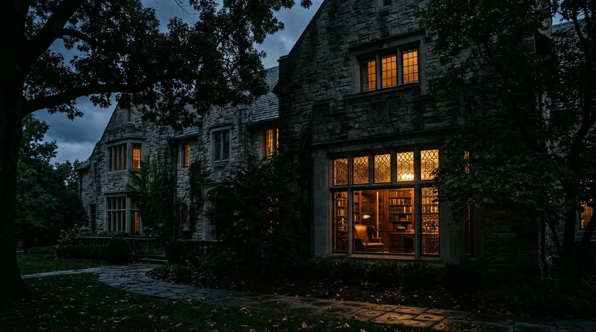 Luxury home at twilight representing Restrepo Innovations smart home work in Mission Hills, KS