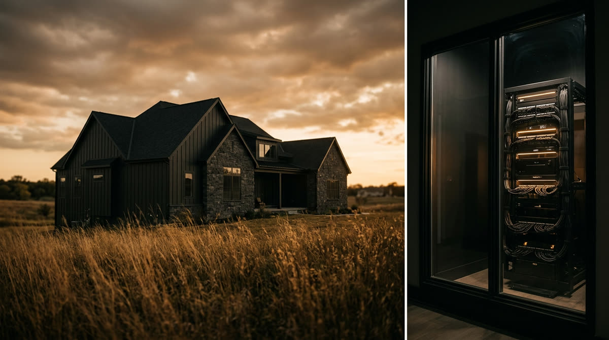 Luxury home at twilight representing Restrepo Innovations smart home work in Olathe, KS