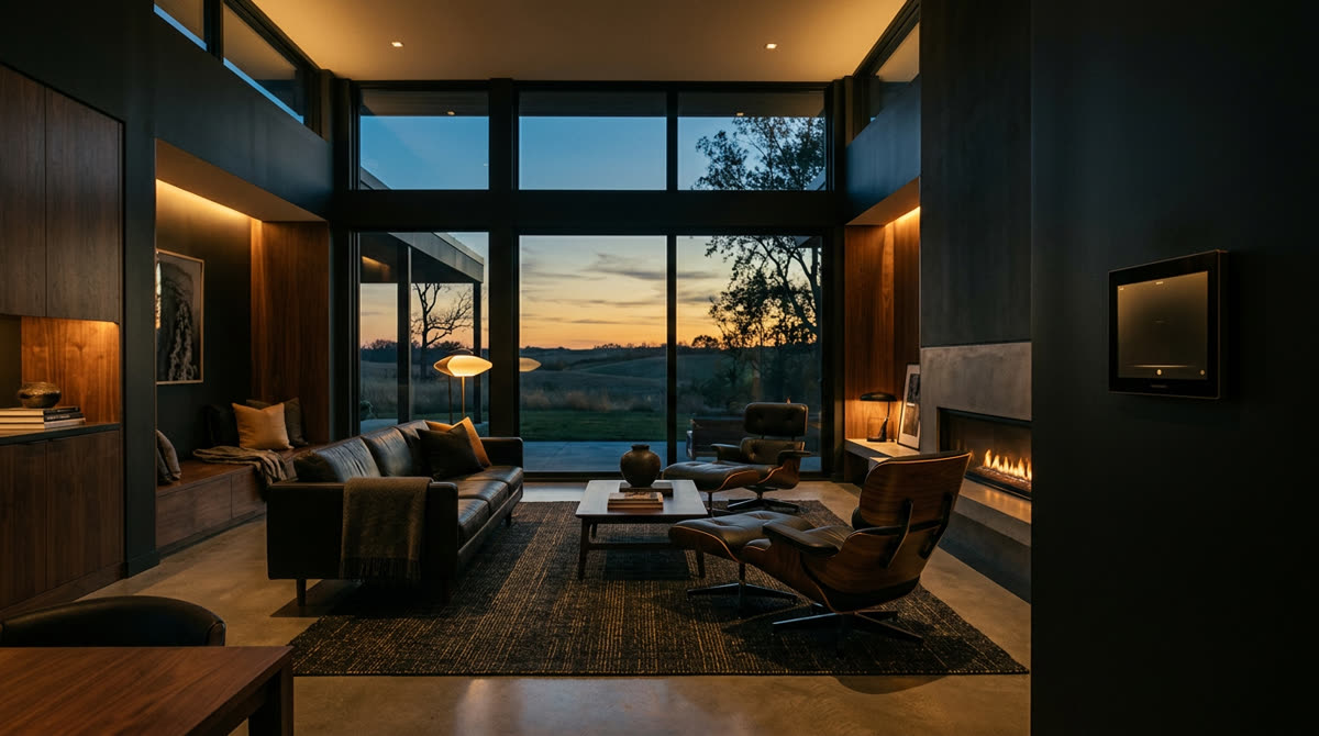 Luxury home at twilight representing Restrepo Innovations smart home work in Overland Park, KS