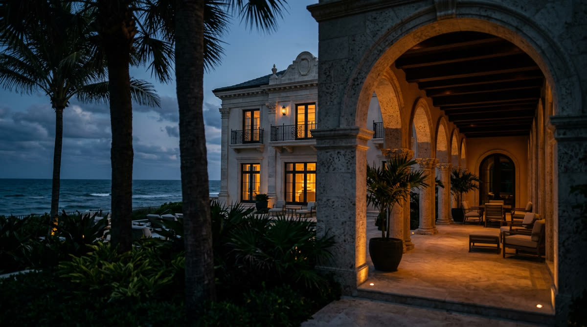 Luxury home at twilight representing Restrepo Innovations smart home work in Palm Beach